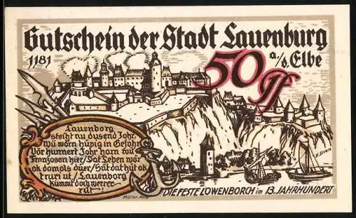 Notgeld Lauenburg a. d. Elbe, 50 Pfennig, Hafenansicht, Ortsansicht anno 1181