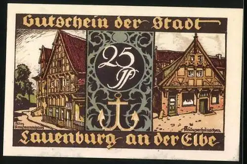 Notgeld Lauenburg a. d. Elbe, 25 Pfennig, Die Scheibengucker, altes Kaufmannshaus, Knusperhäuschen