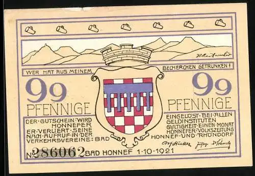 Notgeld Bad Honnef 1921, 99 Pfennig, Löwenberg zur Ritterzeit