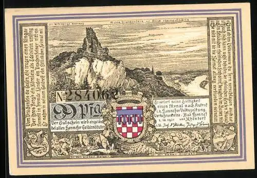 Notgeld Bad Honnef 1921, 99 Pfennig, Ruine Drachenfels mit Blick rheinaufwärts