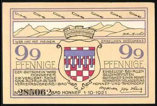 Notgeld Bad Honnef 1921, 99 Pfennig, Alte Kapelle und Dorfeingang in Rhöndorf am Rhein