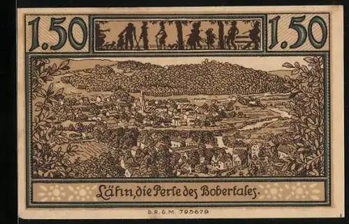 Notgeld Lähn im Riesengebirge, 1,50 Mark, Gesamtansicht im Bobertal, Taubengustel