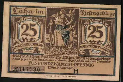 Notgeld Lähn im Riesengebirge, 25 Pfennig, Brunnen am Rathaus, Taubengustel