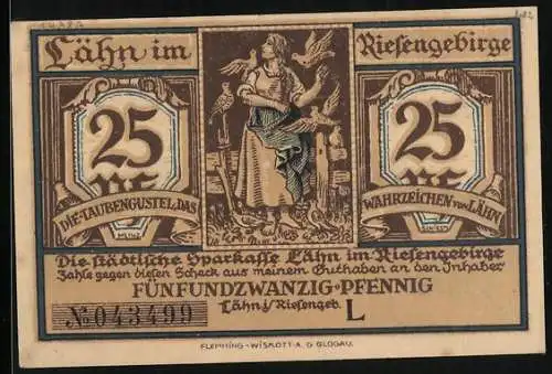 Notgeld Lähn im Riesengebirge, 25 Pfennig, Taubengustel und das Rathaus