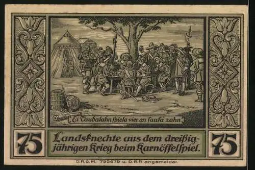 Notgeld Lähn im Riesengebirge, 75 Pfennig, Landsknechte im 30-jährigen Krieg spielen Karnöffel