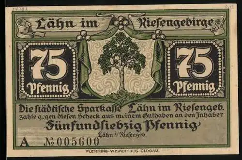 Notgeld Lähn im Riesengebirge, 75 Pfennig, Karnöffel spielende Landsknechte im 30-jährigen Krieg