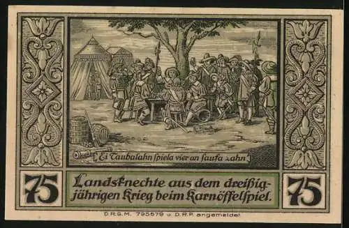 Notgeld Lähn im Riesengebirge, 75 Pfennig, Karnöffel spielende Landsknechte im 30-jährigen Krieg