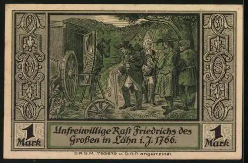 Notgeld Lähn im Riesengebirge, 1 Mark, Unfreiwillige Rast Friedrichs des Grossen in Lähn 1766