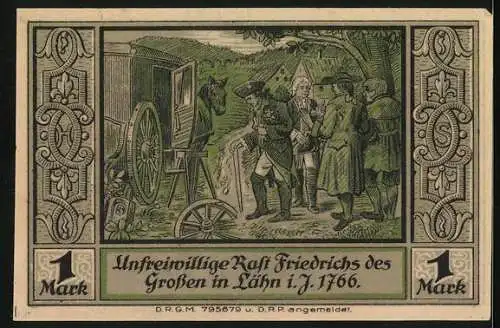 Notgeld Lähn im Riesengebirge, 1 Mark, Unfreiwillige Rast Friedrichs des Grossen in Lähn, 1766