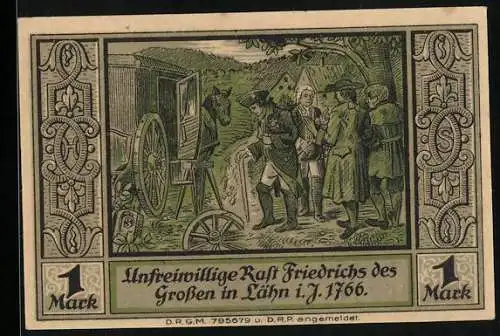 Notgeld Lähn im Riesengebirge, 1 Mark, Unfreiwillige Rast Friedrichs des Grossen in Lähn anno 1766