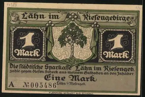 Notgeld Lähn im Riesengebirge, 1 Mark, Unfreiwillige Rast Friedrichs des Grossen in Lähn anno 1766