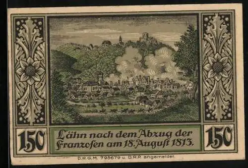 Notgeld Lähn im Riesengebirge, 1,50 Mark, Lähn nach dem Abzug der Franzosen 1813