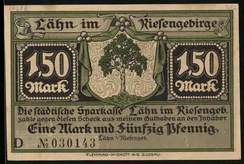 Notgeld Lähn im Riesengebirge, 1,50 Mark, Lähn nach dem Abzug der Franzosen, 1813