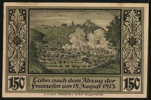 Notgeld Lähn im Riesengebirge, 1,50 Mark, Lähn nach dem Abzug der Franzosen, 1813