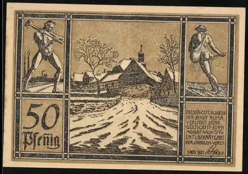 Notgeld Auma 1921, 50 Pfennig, Verschneiter Ortseingang, Bauer und Industriearbeiter