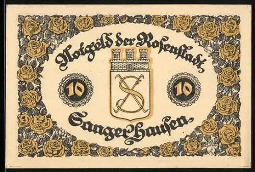 Notgeld Sangerhausen 1921, 10 Pfennig, Ortspartie, Rosenblüten