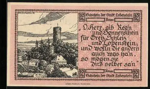 Notgeld Lobenstein 1919, 10 Pfennig, Ortsansicht mit dem Turm