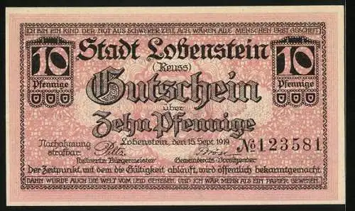 Notgeld Lobenstein 1919, 10 Pfennig, Ortsansicht mit dem Turm