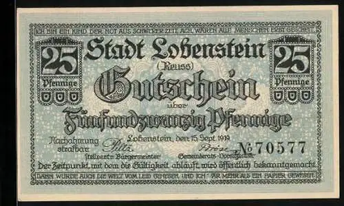 Notgeld Lobenstein 1919, 25 Pfennig, Der Turm über der Stadt