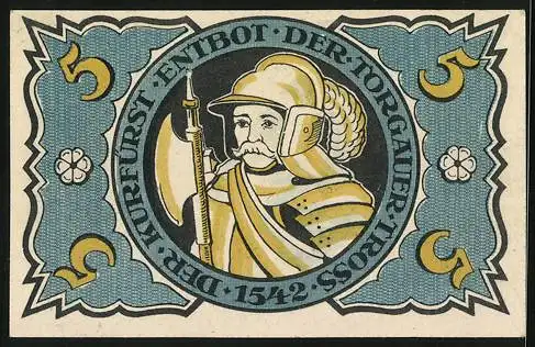 Notgeld Torgau 1921, 5 Pfennig, Der Kurfürst in Rüstung