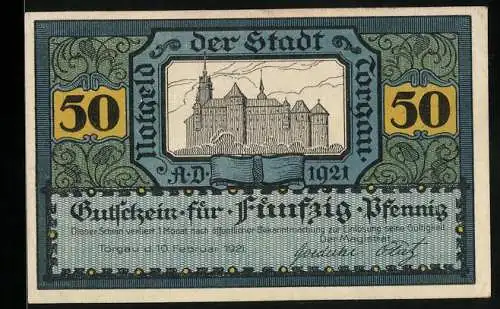 Notgeld Torgau 1921, 50 Pfennig, Blick zum Schloss, Der Fürst zu Pferde