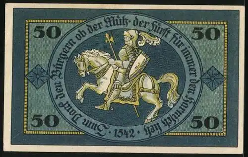 Notgeld Torgau 1921, 50 Pfennig, Blick zum Schloss, Der Fürst zu Pferde