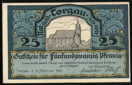 Notgeld Torgau 1921, 25 Pfennig, Die Kirche, der Fürst in Rüstung