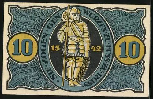Notgeld Torgau 1921, 10 Pfennig, Infanterist in Rüstung 1542