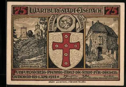 Notgeld Eisenach, 75 Pfennig, Wartburg und Burgeingang, Walther von der Vogelweide