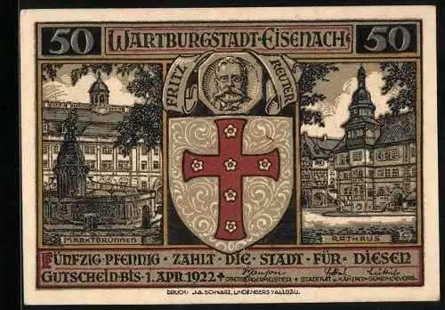 Notgeld Eisenach, 50 Pfennig, Marktbrunnen, Rathaus, der Schutzpatron