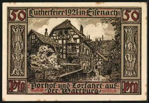 Notgeld Eisenach 1921, 50 Pfennig, Wartburg, mit Vorhof und Torfahrt, Kirche
