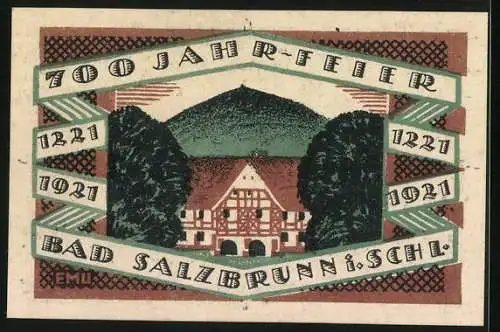 Notgeld Bad Salzbrunn i. Schl. 1921, 50 Pfennig, Fachwerkhaus vor dem Berg