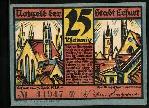 Notgeld Erfurt 1920, 25 Pfennig, Krämer-Brücke und Aegidien-Kirche
