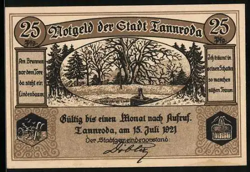 Notgeld Tannroda 1921, 25 Pfennig, Brunnen an der 1000-jährigen Linde