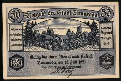 Notgeld Tannroda 1921, 50 Pfennig, Schloss und Kirche