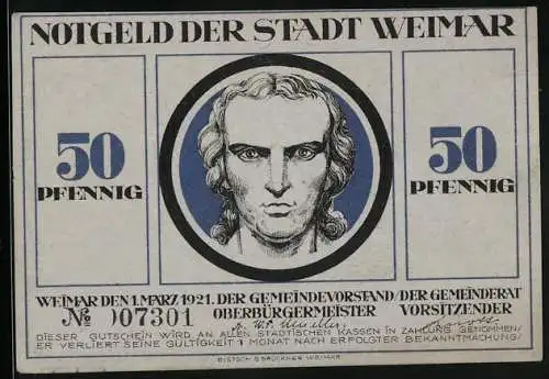 Notgeld Weimar 1921, 50 Pfennig, Schiller-Konterfei, Männer begrüssen den Sonnenschein