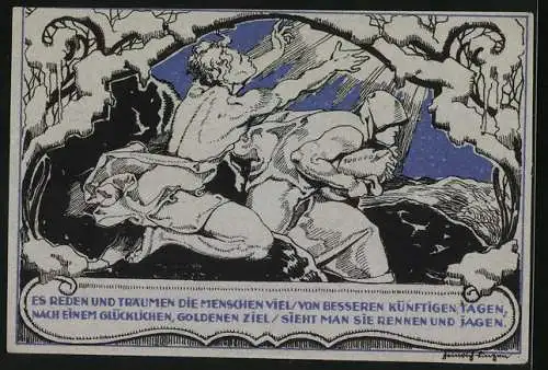 Notgeld Weimar 1921, 50 Pfennig, Schiller-Konterfei, Männer begrüssen den Sonnenschein
