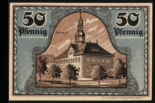 Notgeld Ronneburg /Thür. 1921, 50 Pfennig, Blick auf das Rathaus