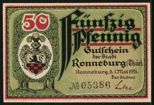 Notgeld Ronneburg /Thür. 1921, 50 Pfennig, Blick auf das Rathaus
