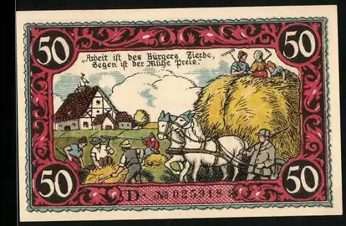 Notgeld Friesack /Mark 1921, 50 Pfennig, Grosser Heuwagen, Bauern darauf