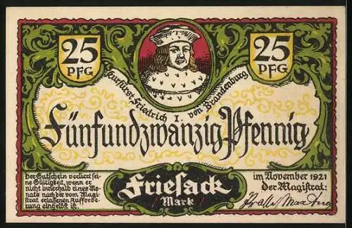 Notgeld Friesack /Mark 1921, 25 Pfennig, Kurfürstendenkmal mit Stadtwappen