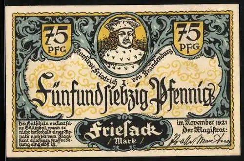 Notgeld Friesack /Mark 1921, 75 Pfennig, Raubritter-Überfall auf reisende Kaufleute