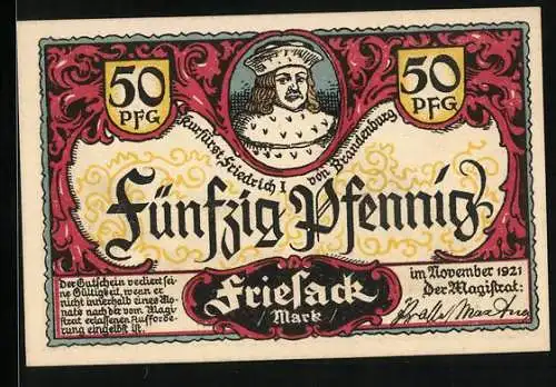 Notgeld Friesack /Mark 1921, 50 Pfennig, Windmühle auf dem Mühlenberg