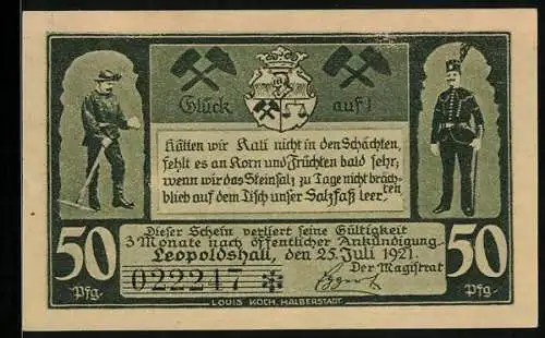 Notgeld Leopoldshall i. Anh. 1921, 50 Pfennig, Streckenbetrieb unter Tage