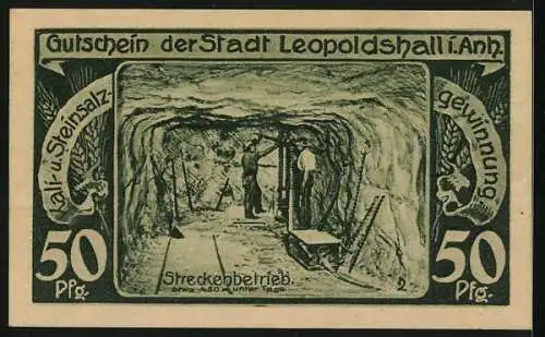 Notgeld Leopoldshall i. Anh. 1921, 50 Pfennig, Streckenbetrieb unter Tage