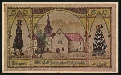 Notgeld Wasserleben 1921, 50 Pfennig, Kirche, Bürger in Tracht