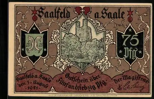 Notgeld Saalfeld a. Saale 1921, 75 Pfennig, Sturm auf das Benediktinerkloster