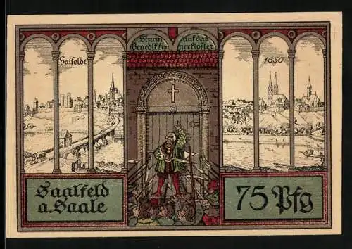Notgeld Saalfeld a. Saale 1921, 75 Pfennig, Sturm auf das Benediktinerkloster 1650
