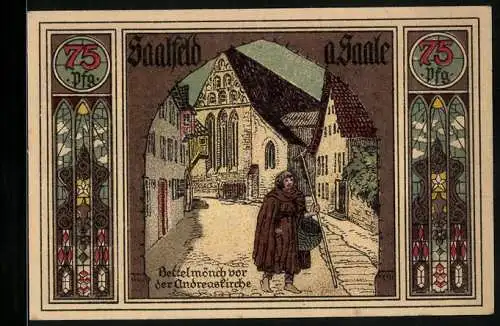 Notgeld Saalfeld a. Saale 1921, 75 Pfennig, Bettelmönch vor der Andreaskirche
