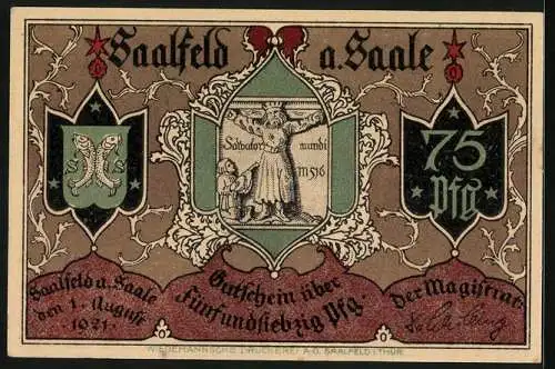 Notgeld Saalfeld a. Saale 1921, 75 Pfennig, Bettelmönch vor der Andreaskirche